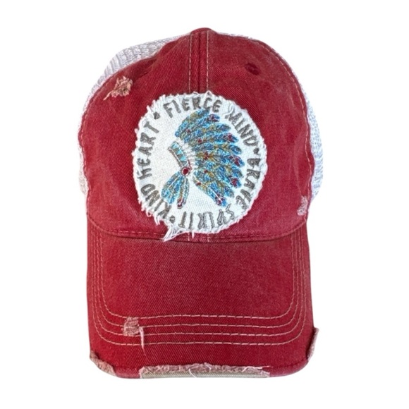 Women’s Distressed Red Baseball Hat — Fierce Mind, Brave Spirit, Kind Heart - Picture 1 of 4